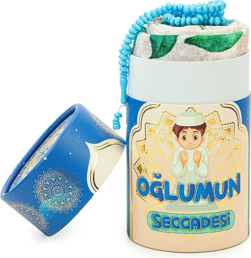 İhvan Online Ihvan Online Name-Custom Embroidered Children's Prayer Rug Set Cylinder Boxed with Rosary Blue