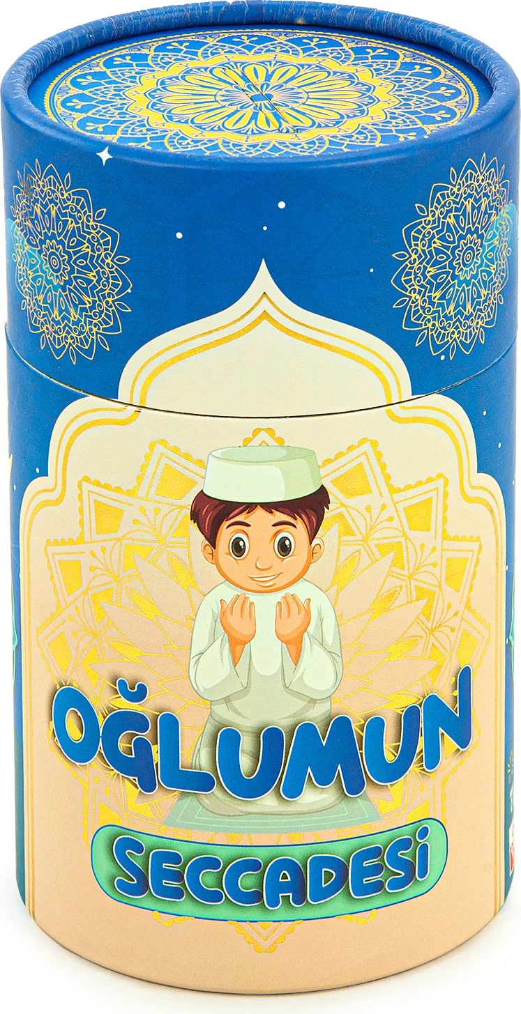 İhvan Online Ihvan Online Name-Custom Embroidered Children's Prayer Rug Set Cylinder Boxed with Rosary Blue