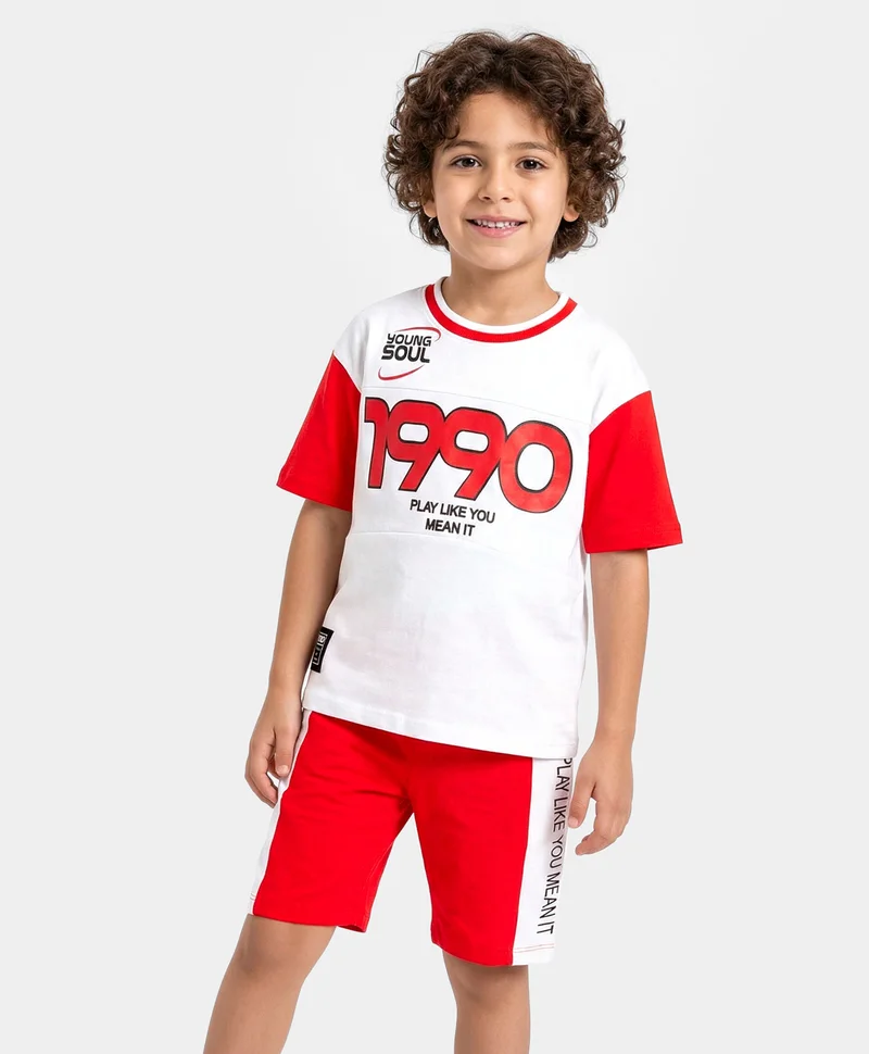 Primo Gino Primo Gino 100% Cotton Drop Shoulder Color Block HD Printed Short Sleeves T-Shirt & Cargo Shorts Set - Red/White