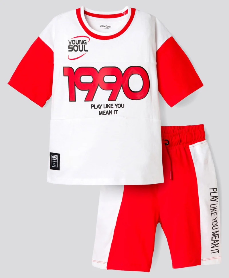 Primo Gino Primo Gino 100% Cotton Drop Shoulder Color Block HD Printed Short Sleeves T-Shirt & Cargo Shorts Set - Red/White