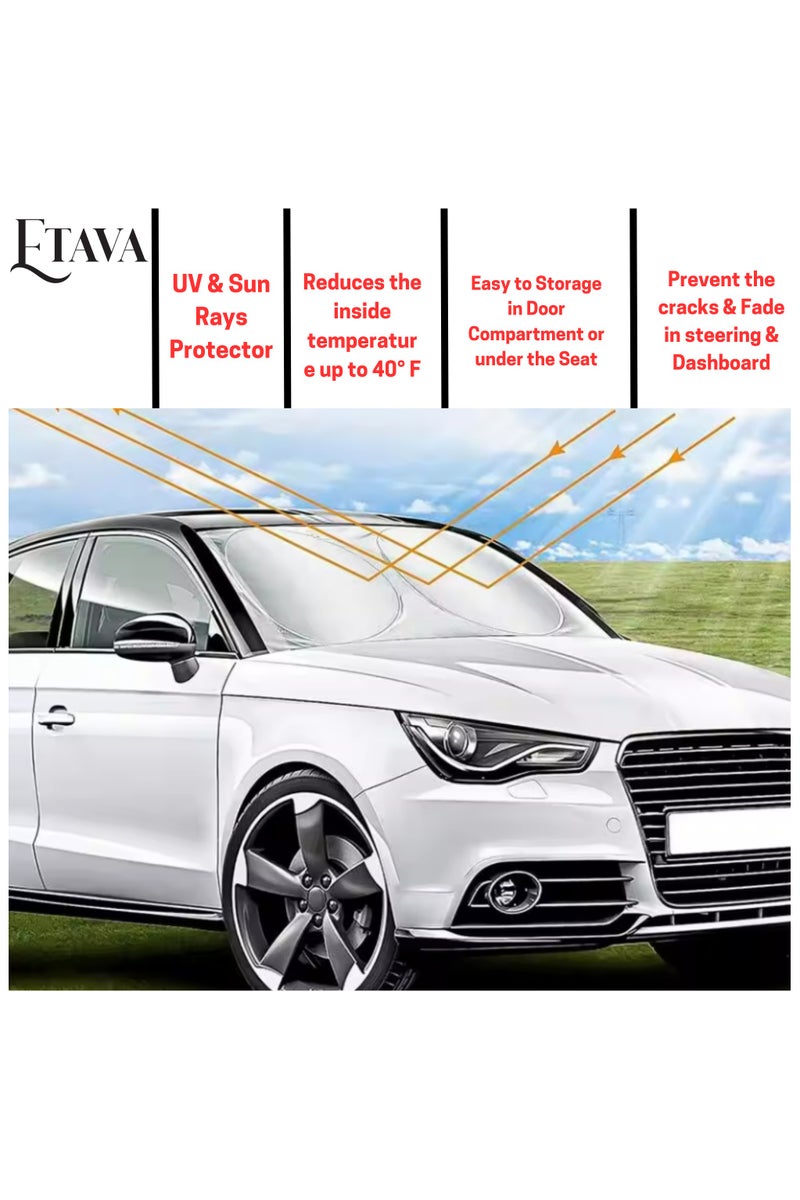 إيتافا واقي شمس للزجاج الأمامي للسيارة مع حقيبة تخزين، مقاس 160×75 سم – شاشة قابلة للطي للحماية من الحرارة والأشعة فوق البنفسجية – بلون أسود وفضي عاكس للسيارات - Image 3