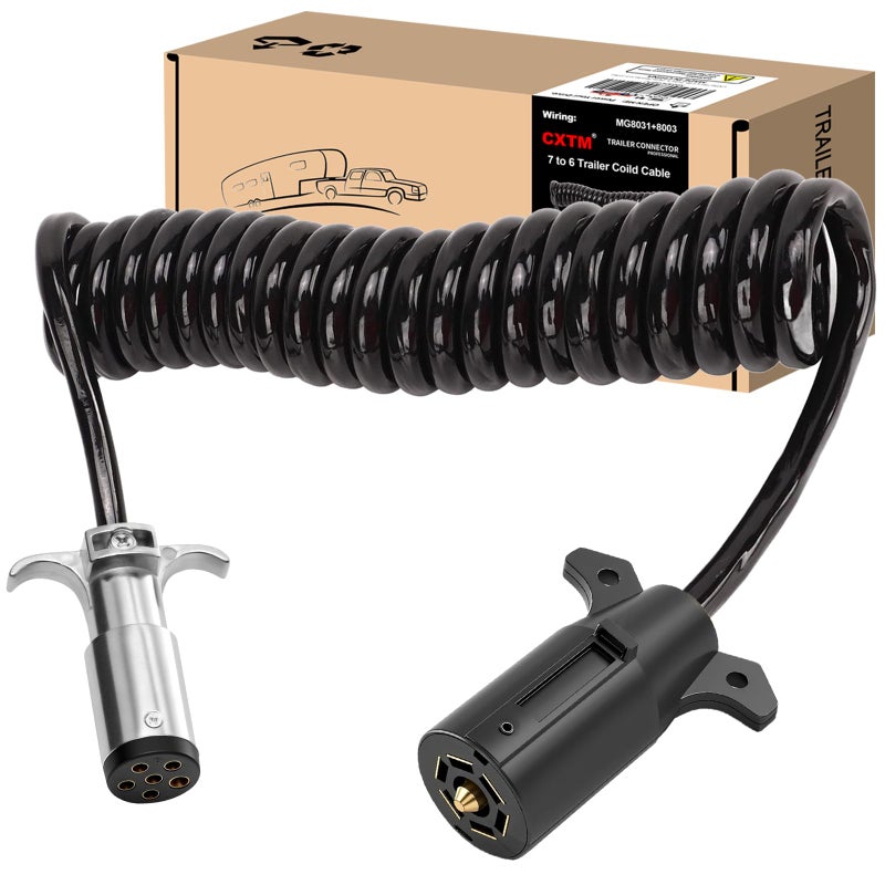CXTM 7 Pin to 6 Pin Trailer Adapter Coiled Trailer Cord Stretches 8 Feet 7Wire to 6Wire Coiled Cable RV 7 to 6 Trailer Wiring Extension Cord
