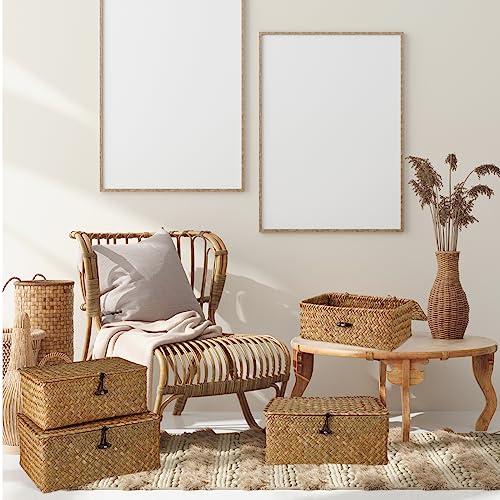 Woanger Set of 4 Wicker Baskets with Lids, Nautral Seagrass Storage Baskets, Woven Rectangular Basket Bins, Rattan Storage Organizer for Shelf Closet Bedroom(Orange) - Image 5