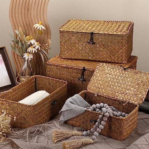 Woanger Set of 4 Wicker Baskets with Lids, Nautral Seagrass Storage Baskets, Woven Rectangular Basket Bins, Rattan Storage Organizer for Shelf Closet Bedroom(Orange) - Image 3