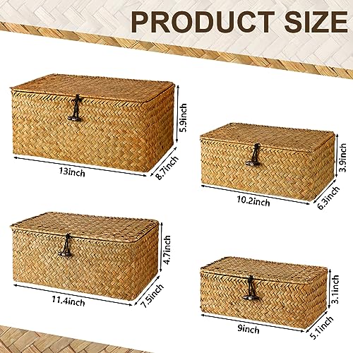 Woanger Set of 4 Wicker Baskets with Lids, Nautral Seagrass Storage Baskets, Woven Rectangular Basket Bins, Rattan Storage Organizer for Shelf Closet Bedroom(Orange) - Image 2