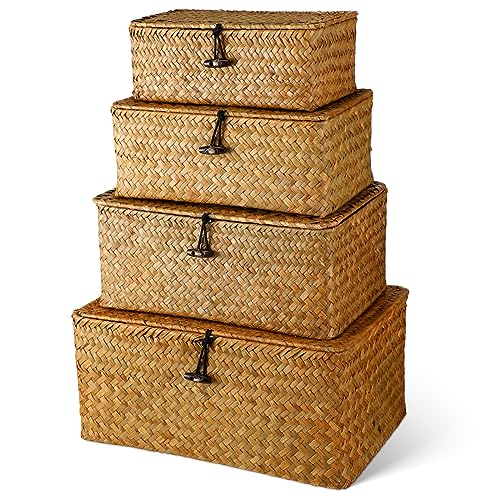 Woanger Set of 4 Wicker Baskets with Lids, Nautral Seagrass Storage Baskets, Woven Rectangular Basket Bins, Rattan Storage Organizer for Shelf Closet Bedroom(Orange) - Image 1