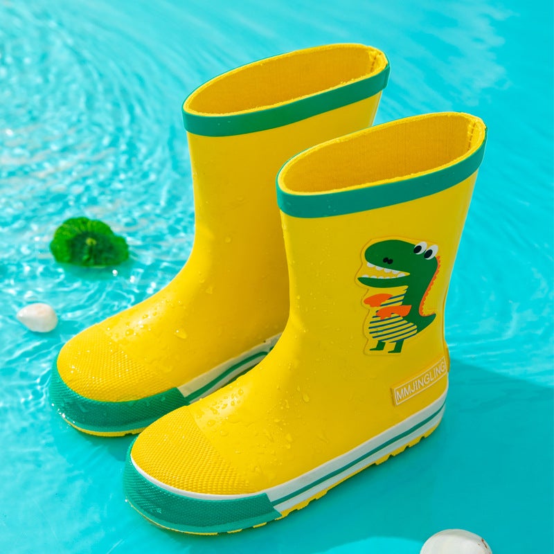 Rainy Day Waterproof Childrens Rain Boots for Primary School Students Middle Tube Shoes Rubber Mens and Womens Water Shoes Rubber Shoes Cartoon Rain Boots Yellow Flatmouth Dinosaur