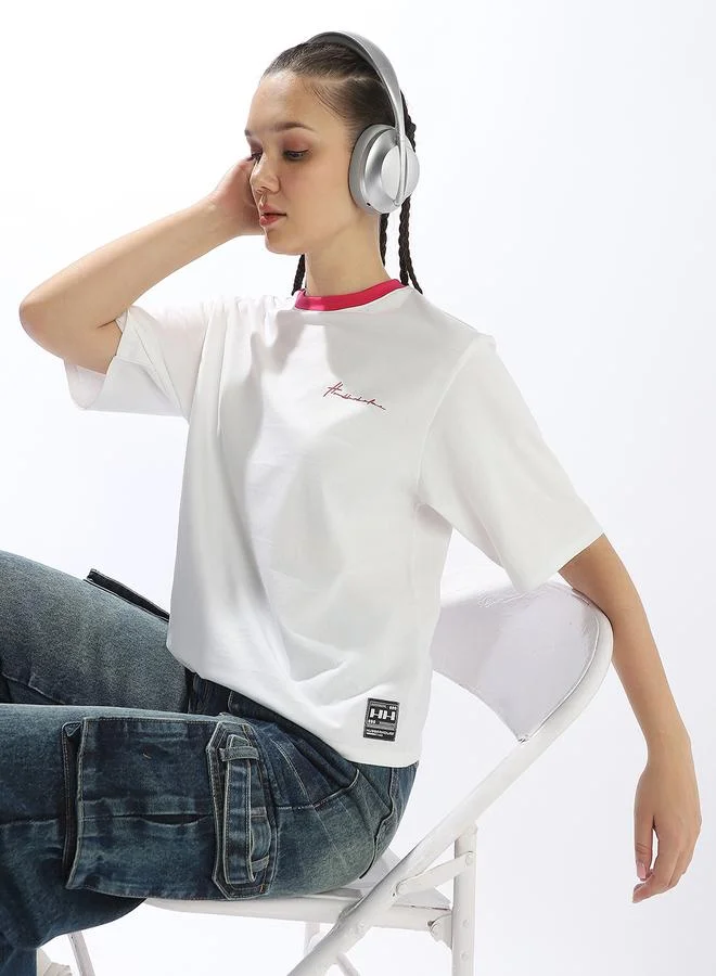 Hubberholme Women's Off White 100% Cotton Solid Oversized T-Shirt