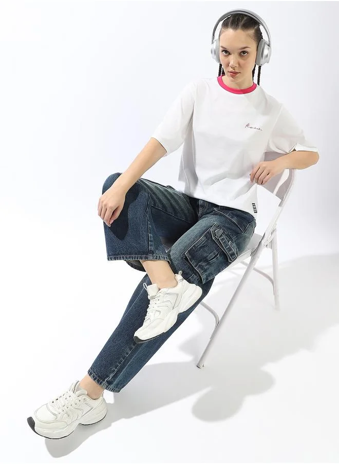 هوبرهولمي Women's Off White 100% Cotton Solid Oversized T-Shirt