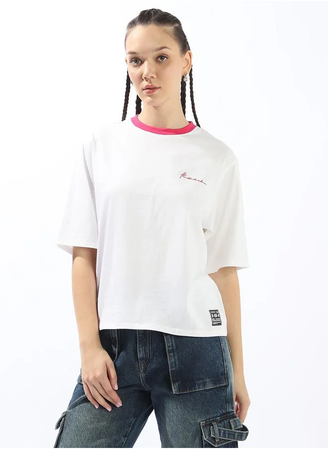 هوبرهولمي Women's Off White 100% Cotton Solid Oversized T-Shirt