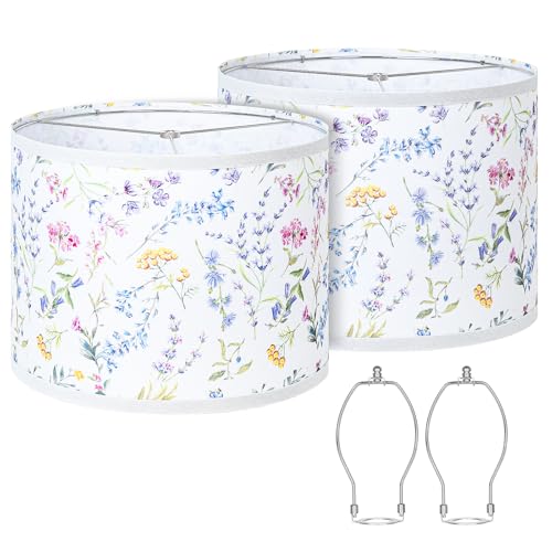 Qingmiao Lamp Shades Set of 2, Drum Lampshades 13" Top x 13" Bottom x 10" High with Spider Fitter, Large Replacement Lamp Shades for Table Lamps, Floor Lamps, Easy Assembly Required (2, Print - A) - Image 1