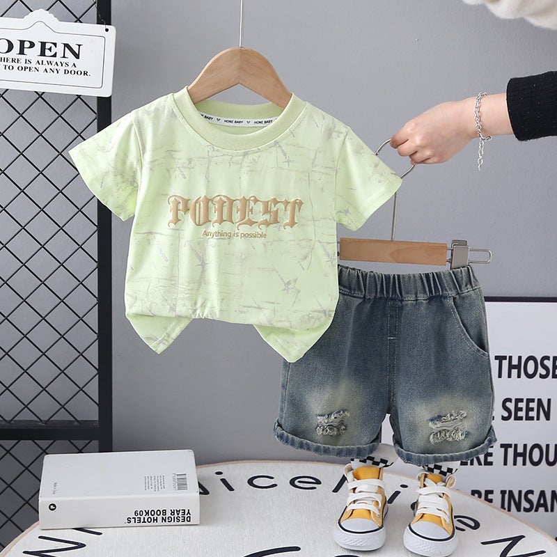 Children'S Creative Tie-Dye Round Neck Breathable Loose Suit Casual Short-Sleeved T-Shirt Two-Piece Set Direct Sale - Image 4