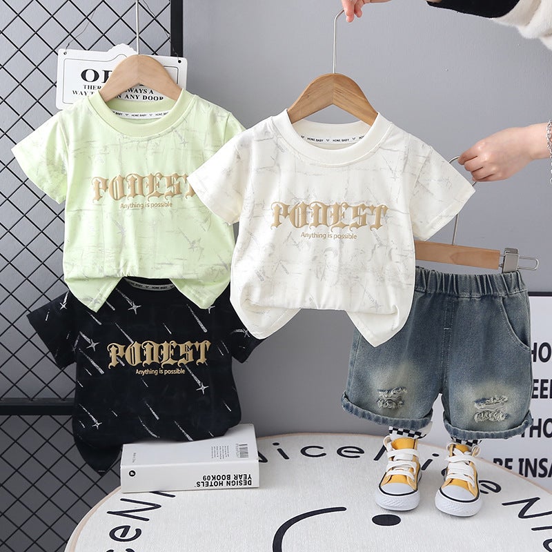 Children'S Creative Tie-Dye Round Neck Breathable Loose Suit Casual Short-Sleeved T-Shirt Two-Piece Set Direct Sale - Image 2