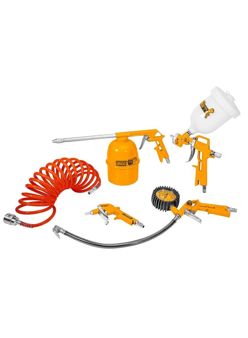 INGCO 5 Pc Air Compressor Tool Set With 4 Meter Hose,Spray Gun,Tire Inflator,Blow Gun,and Washing Gun,Yellow,AKT0053