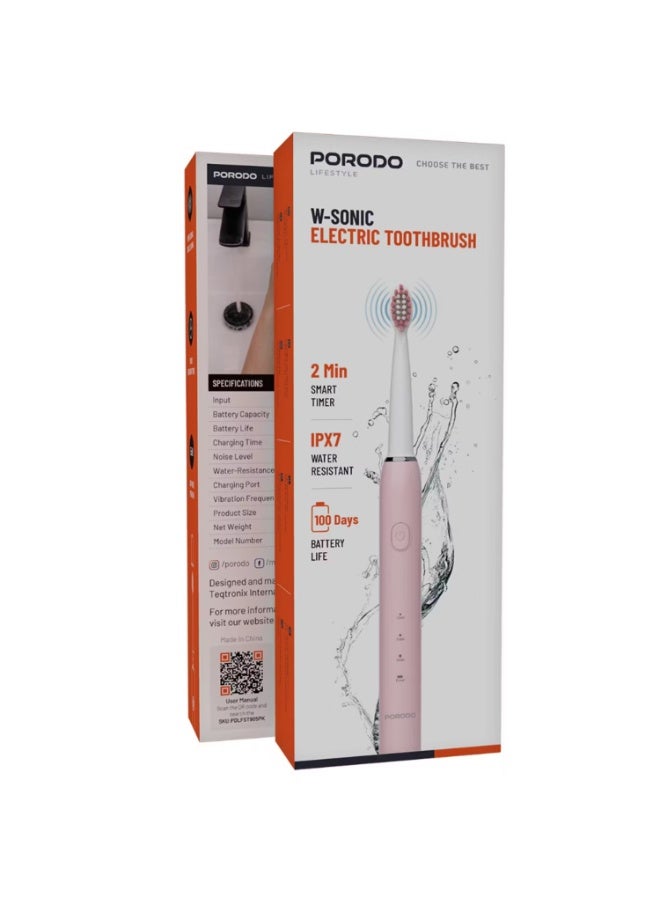 بورودو فرشاة أسنان كهربائية بورودو دبليو-سونيك مع تنظيف صوتي احترافي، مؤقت ذكي لمدة دقيقتين، سعة بطارية 500 مللي أمبير، مقاومة للماء بمعيار IPX7، وقت شحن 3 ساعات، منفذ شحن من النوع C، عمر بطارية يصل إلى 100 يوم، مؤقت ذكي رباعي الأجزاء - وردى - Image 1