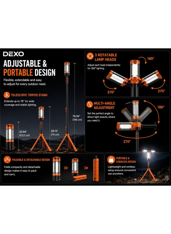 DEXO 10000mAh Outdoor LED Desert Camping Light with Stand | 10000 Lumen Dimmable Cordless Lamp | 3 Adjustable LED Heads | Telescopic Design with 79" Detachable Tripod | Portable for Camping & Outdoor Use - Image 3