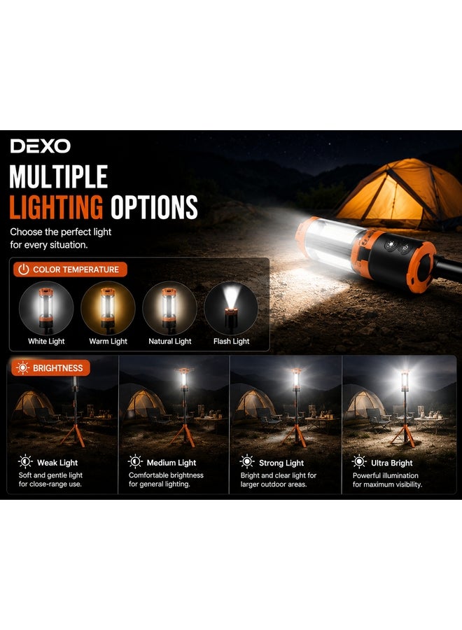 DEXO 10000mAh Outdoor LED Desert Camping Light with Stand | 10000 Lumen Dimmable Cordless Lamp | 3 Adjustable LED Heads | Telescopic Design with 79" Detachable Tripod | Portable for Camping & Outdoor Use - Image 2