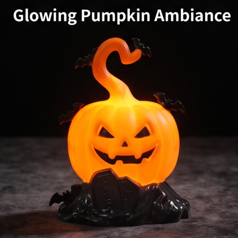 Flickering LED Pumpkin Light 4 Pack Halloween Tabletop Ornament Orange Pumpkin with Bats Tombstone - Flameless Halloween Candle Glowing Centerpiece for Spooky Table Settings - Image 4