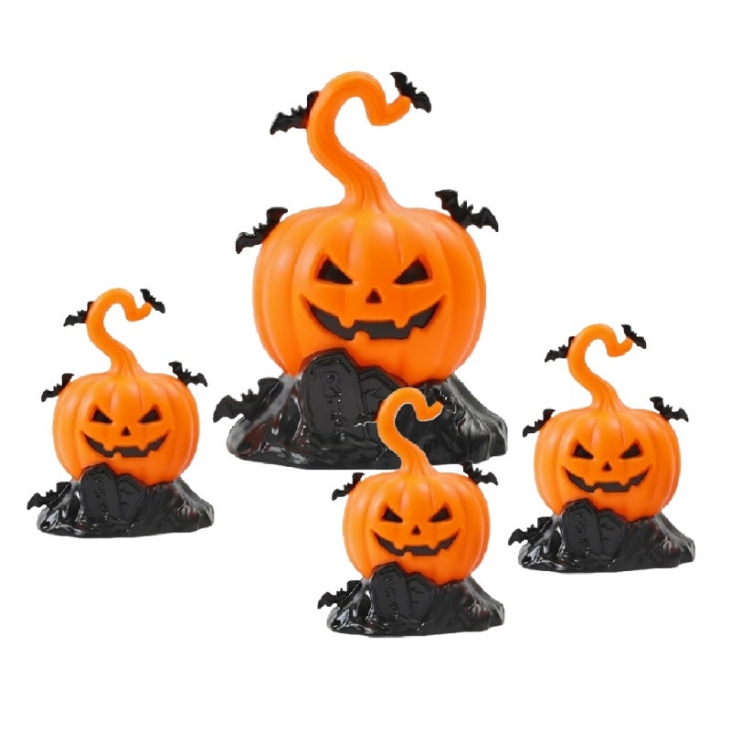Flickering LED Pumpkin Light 4 Pack Halloween Tabletop Ornament Orange Pumpkin with Bats Tombstone - Flameless Halloween Candle Glowing Centerpiece for Spooky Table Settings - Image 1
