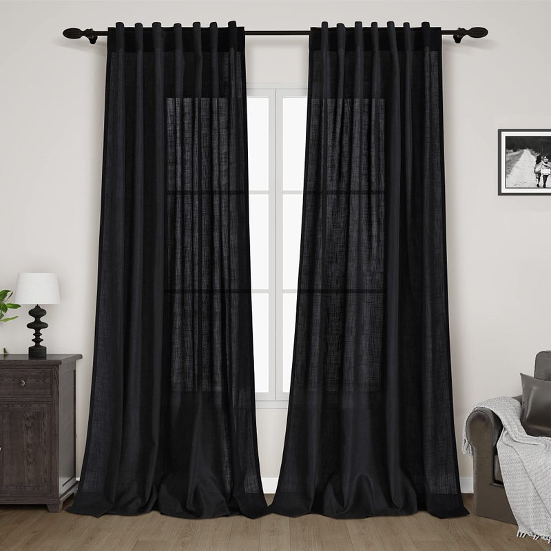 Black Sheer Linen Curtains 90 inch Length for Bedroom Back Tab Rod Pocket Modern Farmhouse Muslin Look Cotton Textured Black Window Curtains 90 inches long for Dining Room Living Office 2 Panels