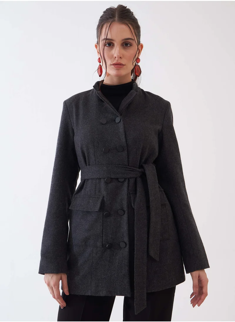 سولت اتاير Women's Elvira Grey Belted Blazer with Button Embellishments - Stylish Tailored Fit, Elegant Office & Formal Wear, Long-Sleeve Design, Comfortable & Versatile Statement Jacket