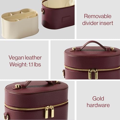 ETOILE Oval Toiletry Case Burgundy Travel Makeup Bag Organizer with Shoulder Strap and Removable Divider - Image 3