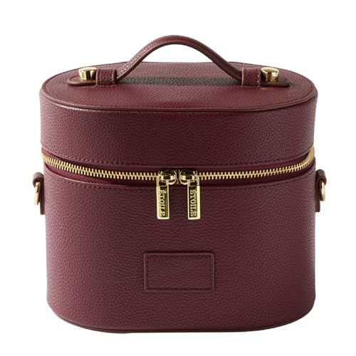 ETOILE Oval Toiletry Case Burgundy Travel Makeup Bag Organizer with Shoulder Strap and Removable Divider - Image 1
