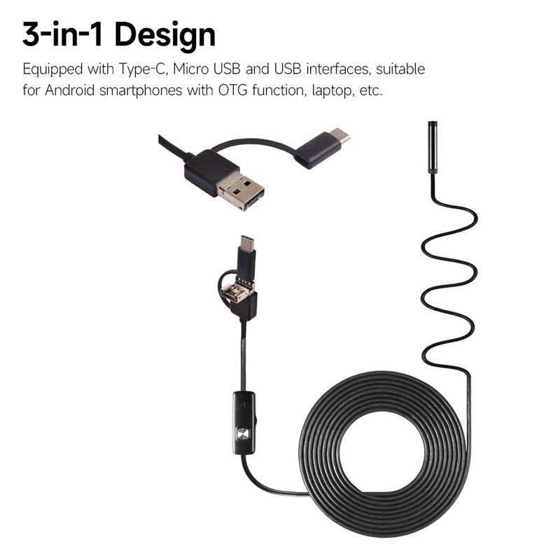 منظار هاتف محمول 3 في 1 نوع C + مايكرو USB + منظار USB 6 مصابيح LED قابل للتعديل كاميرا بسمك 8 مم دقة 1280*720 مقاومة للماء وفقًا لمعيار IP67 - Image 4