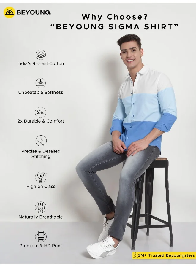 بيونغ Long Sleeve Blue Blocked Printed Shirts for Men