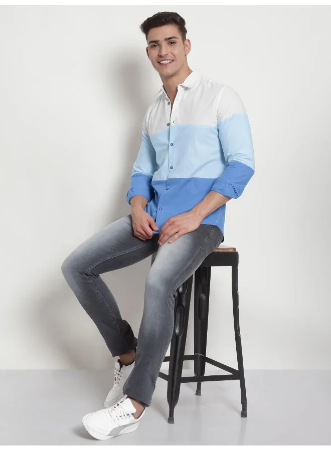 بيونغ Long Sleeve Blue Blocked Printed Shirts for Men