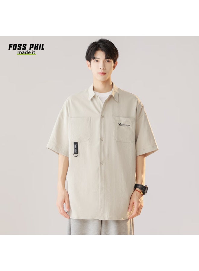Foss Phil Men's Summer Loose-fit Workwear Short-sleeve Shirt Casual Half-sleeve Shirt Top Outerwear Fpcs8 Gray M - Image 5