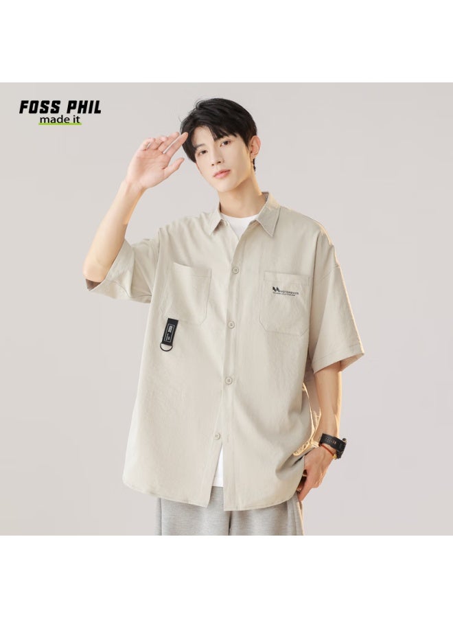 Foss Phil Men's Summer Loose-fit Workwear Short-sleeve Shirt Casual Half-sleeve Shirt Top Outerwear Fpcs8 Gray M - Image 1