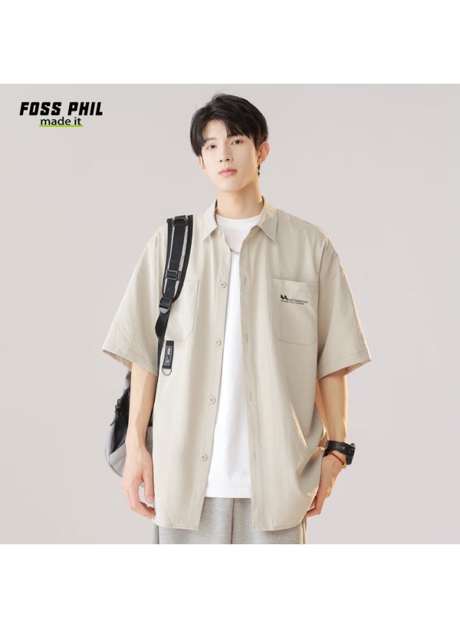 Foss Phil Men's Summer Loose-fit Workwear Short-sleeve Shirt Casual Half-sleeve Shirt Top Outerwear Fpcs8 Gray M - Image 3