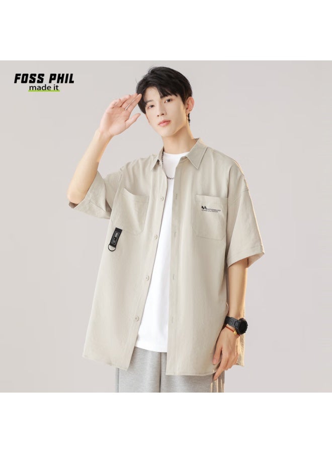 Foss Phil Men's Summer Loose-fit Workwear Short-sleeve Shirt Casual Half-sleeve Shirt Top Outerwear Fpcs8 Gray M - Image 2
