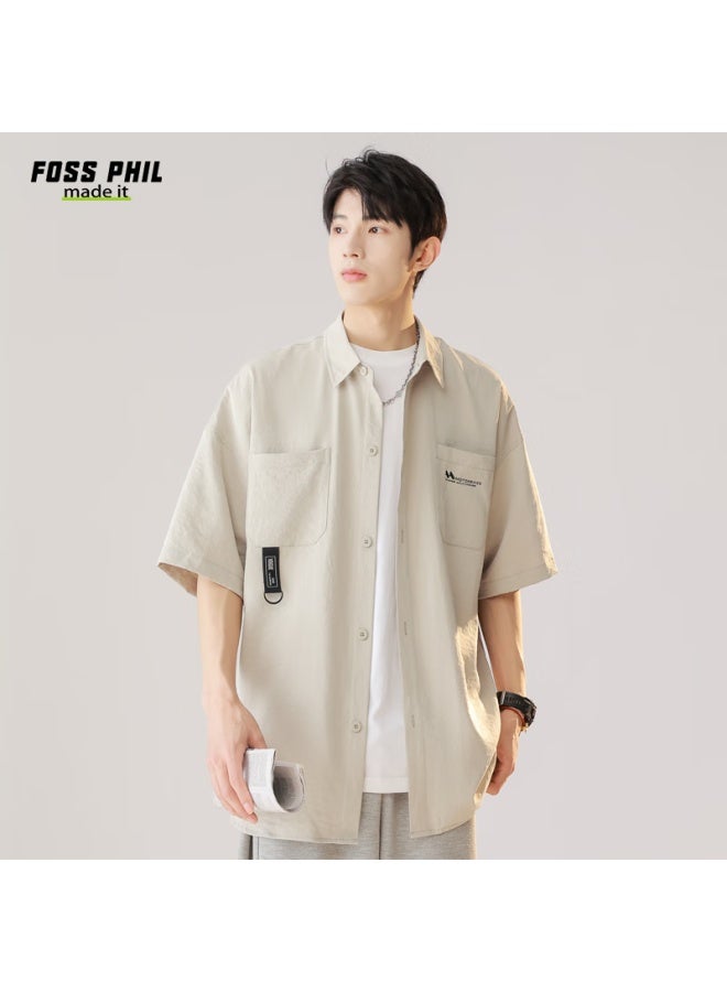 Foss Phil Men's Summer Loose-fit Workwear Short-sleeve Shirt Casual Half-sleeve Shirt Top Outerwear Fpcs8 Gray M - Image 4