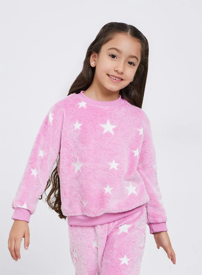 Styli Styli Girls Pink Star Print Fleece Top with Pyjama Set