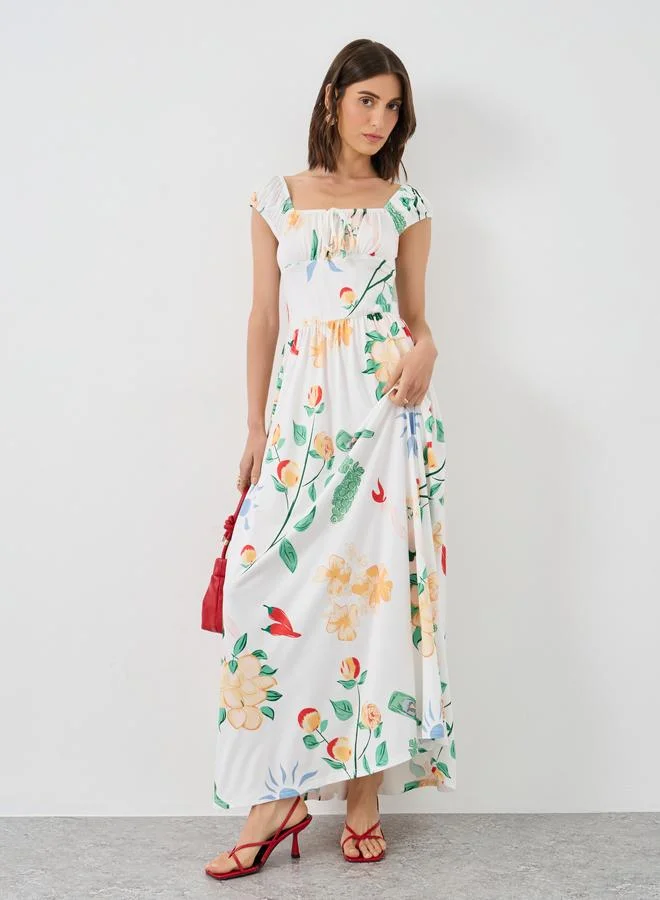 تايك تو Take Two Floral Print Gathered Detail A-Line Maxi Dress