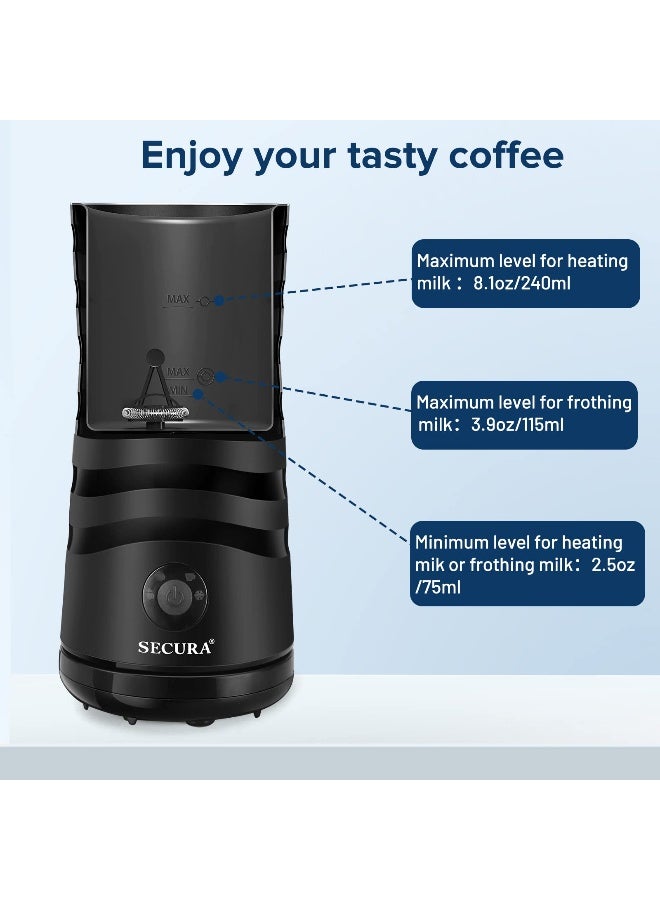 Secura جهاز بخار الحليب الكهربائي سكيورا بخار حليب أوتوماتيكي 4 في 1 صانع رغوة ساخنة وباردة 84 أونصة 240 مل دافئ للحليب لعمل اللاتيه والكابتشينو والماكياتو مع ملعقة سيليكون تشغيل هادئ وإيقاف تلقائي باللون الأسود - Image 4