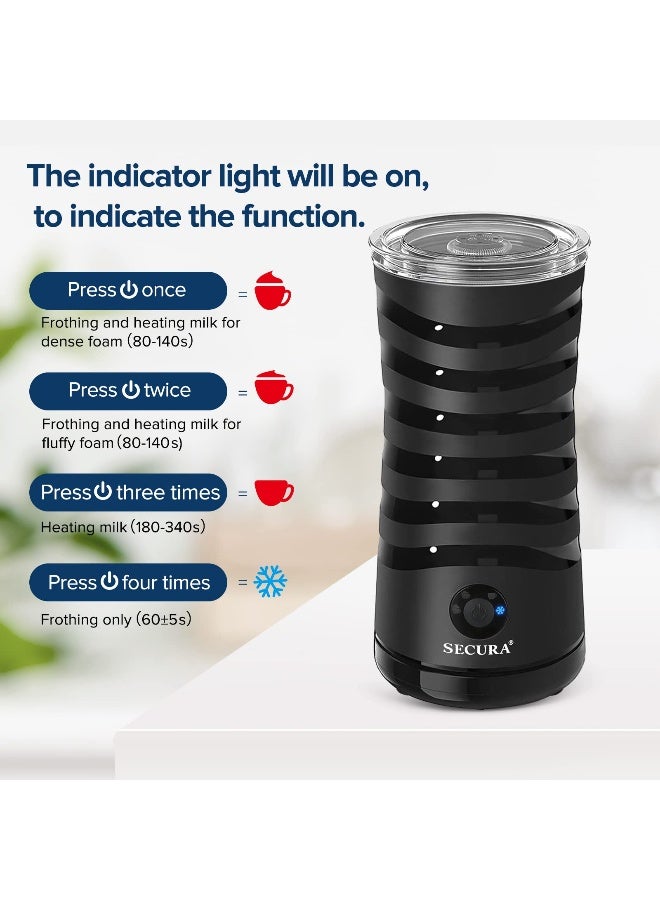 Secura جهاز بخار الحليب الكهربائي سكيورا بخار حليب أوتوماتيكي 4 في 1 صانع رغوة ساخنة وباردة 84 أونصة 240 مل دافئ للحليب لعمل اللاتيه والكابتشينو والماكياتو مع ملعقة سيليكون تشغيل هادئ وإيقاف تلقائي باللون الأسود - Image 3