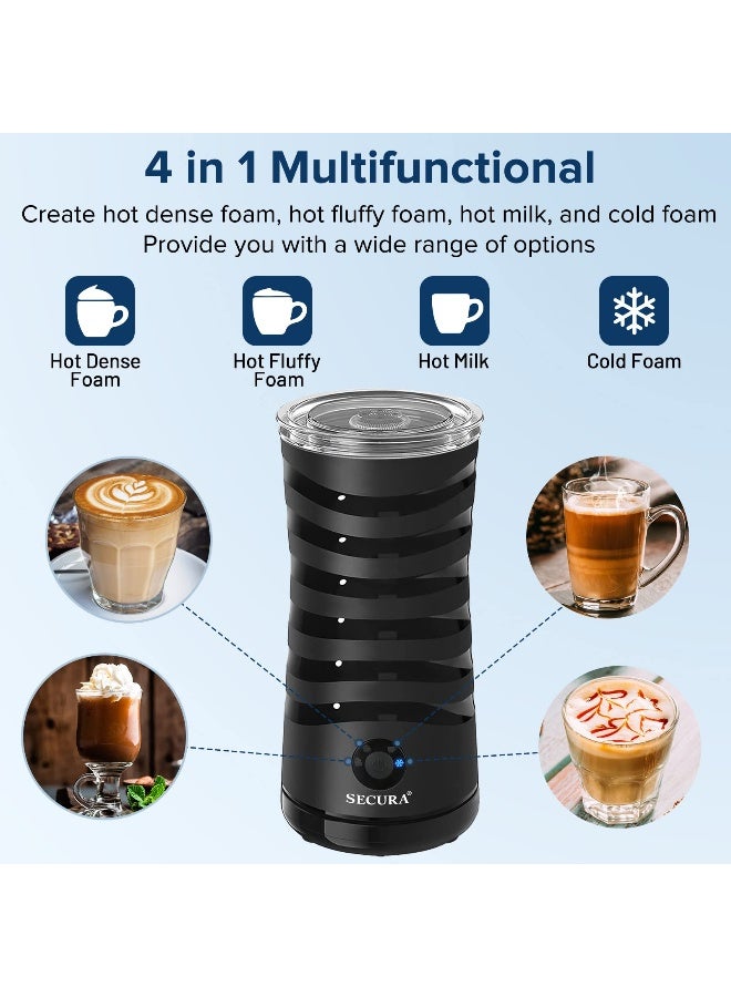 Secura جهاز بخار الحليب الكهربائي سكيورا بخار حليب أوتوماتيكي 4 في 1 صانع رغوة ساخنة وباردة 84 أونصة 240 مل دافئ للحليب لعمل اللاتيه والكابتشينو والماكياتو مع ملعقة سيليكون تشغيل هادئ وإيقاف تلقائي باللون الأسود - Image 2