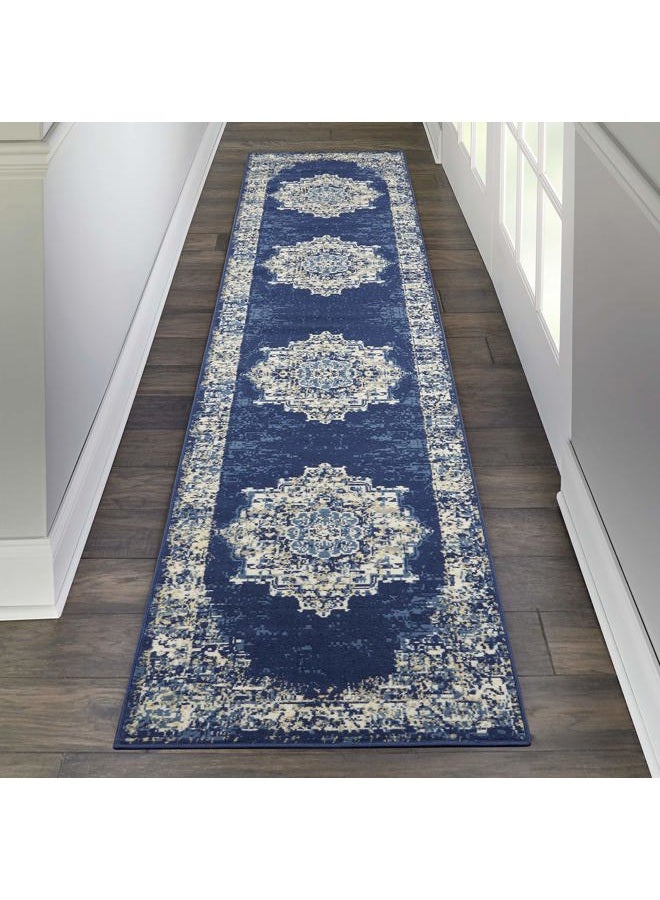 Nourison Grafix Persian Navy Blue 2'3" x 10' Area Rug, Easy Cleaning, Non Shedding, Bedroom, Living Room, Dining Room, Kitchen - Image 1