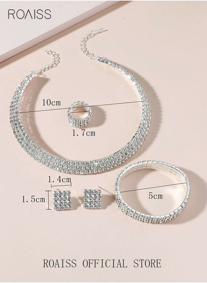 4 Pcs Rhinestone Choker Bracelet Ring Earrings Studs Set Three Row Round Diamond Collar Necklace Bridal Evening Dress Accessories for Women Silver/Clear - pzsku/ZF7553248DF8EA7549131Z/45/_/1675415411/631b0bd0-c8dd-42a9-9506-d868ce8accea