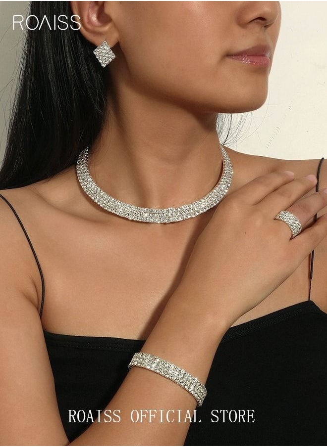 4 Pcs Rhinestone Choker Bracelet Ring Earrings Studs Set Three Row Round Diamond Collar Necklace Bridal Evening Dress Accessories for Women Silver/Clear - pzsku/ZF7553248DF8EA7549131Z/45/_/1675415411/a1ea2f4c-3617-4cfc-a776-5917861eb8c4