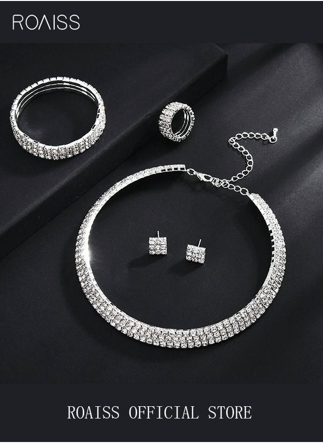 4 Pcs Rhinestone Choker Bracelet Ring Earrings Studs Set Three Row Round Diamond Collar Necklace Bridal Evening Dress Accessories for Women Silver/Clear - pzsku/ZF7553248DF8EA7549131Z/45/_/1675415411/bdc0dd06-9bac-4de7-b435-35f22157e6a8