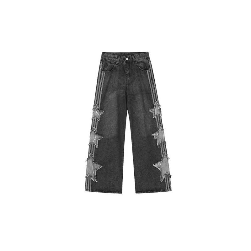 Ctb Captainbeer American Retro Star Patch Stripesd Jeans Men'S And Women'S Straight Loose Casual Pants - Image 5