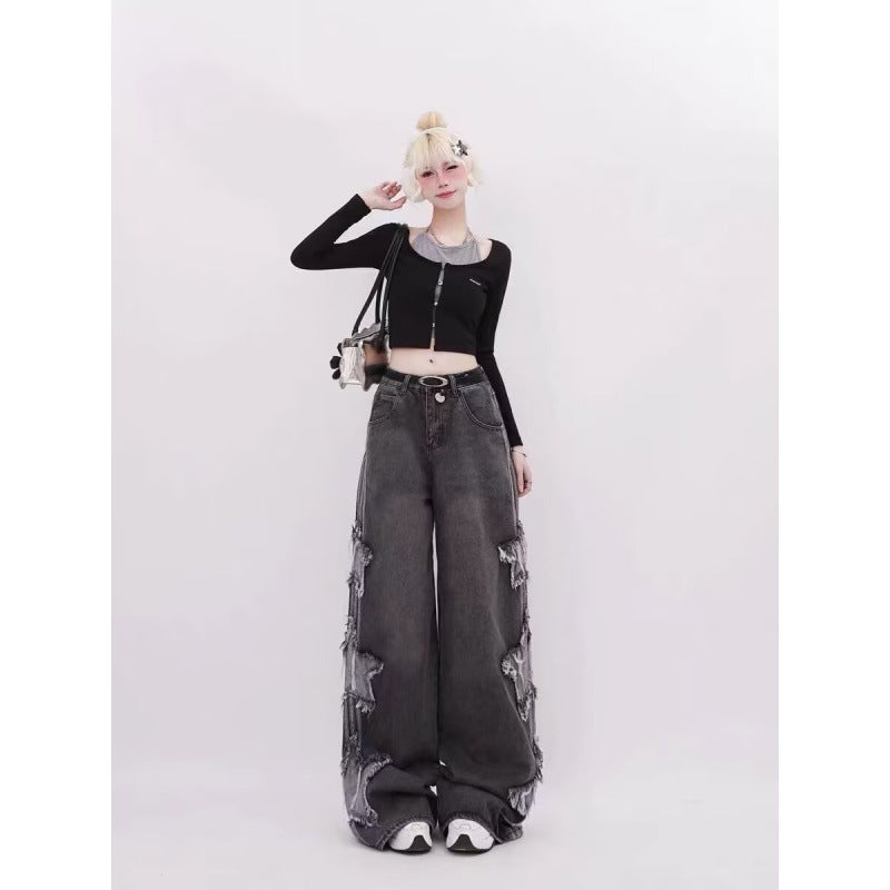 Ctb Captainbeer American Retro Star Patch Stripesd Jeans Men'S And Women'S Straight Loose Casual Pants - Image 4