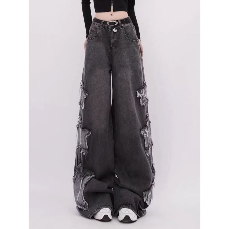 Ctb Captainbeer American Retro Star Patch Stripesd Jeans Men'S And Women'S Straight Loose Casual Pants - Image 3