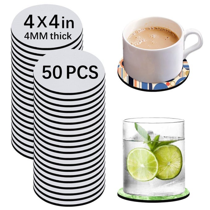 50 PCS SUBLIMATION BLANK CUP COASTERS BULK 4X4 INCH ROUND BLANK CUP MAT RUBBER FOR SUBLIMATION TRANSFER HEAT PRESS PRINTING DIY CRAFTS