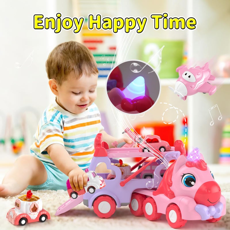 newcrave 7 in 1 Carrier Truck Toys for 1 2 3 Year Old Girl Birthday Gifts, Princess Toddler Toys Age 1-3 2-4, Toddler Girl Car Toys with Light & Music, Toy Car for Girls - Image 4