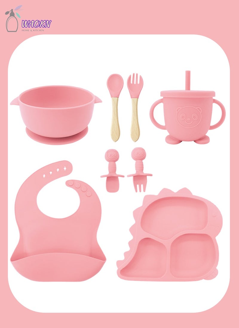 WAOKN 8Pcs Baby Silicone Tableware Set Special For Infants To Eat Their Own Training Tableware Set Including Complementary Food Bowl Sippy Cup Dinner Plate Bib Fork And Spoon(Light pink)  - Image 1